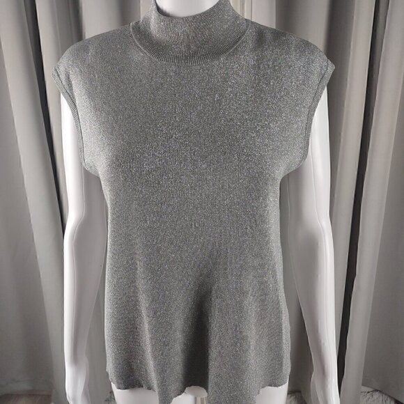 Coldwater Creek Silver Glitter Silk Blend Sparkle Mock Turtleneck Blouse Size L - Picture 3 of 12
